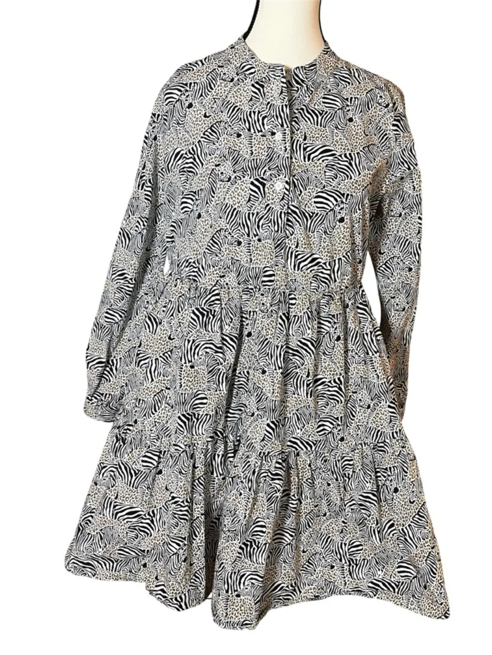 J.CREW Zebra Animal Print Dress 100% Cotton Poplin Tiered Lined Safari Size S